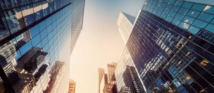 Upward view of modern skyscrapers