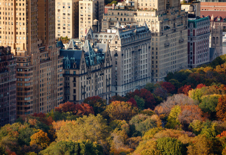 buildings in New York City at sundown