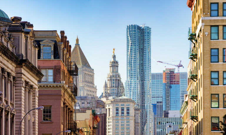 New-York City Lower Manhattan East building tops panoramic view clear day